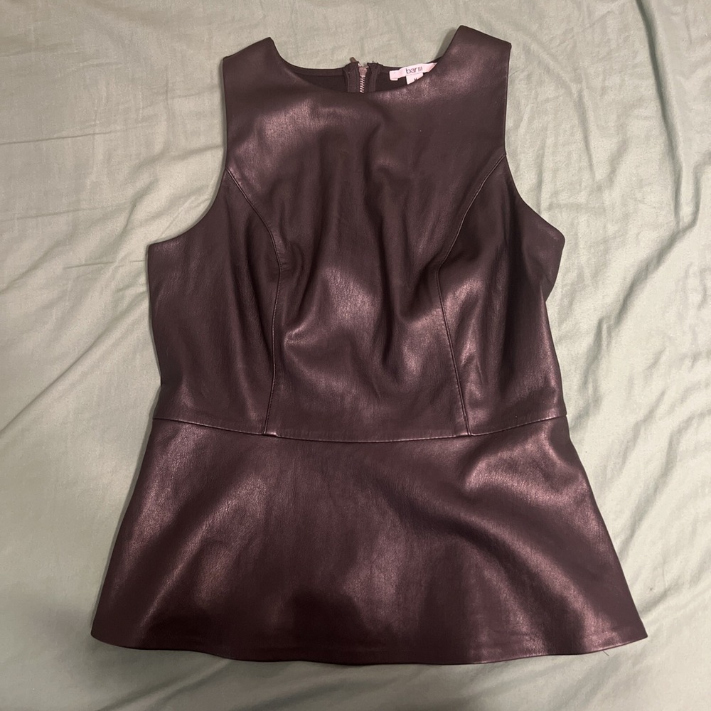 Bar III Peplum Faux Leather Black Top Shirt Size M